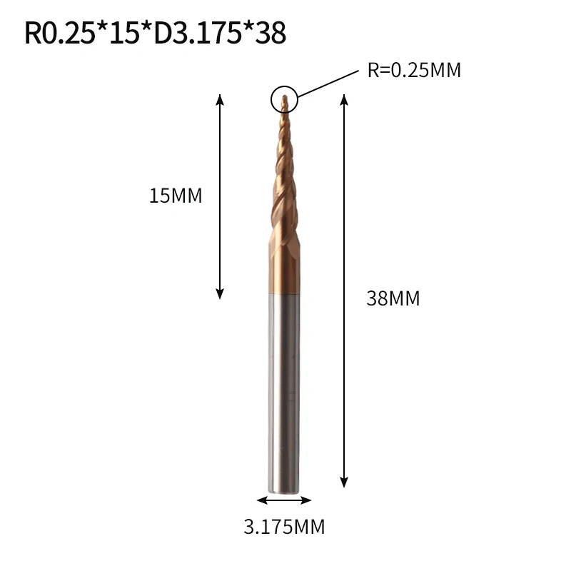 Augusttools Tapered cone Ball Nose End Mill HRC60 Cnc Taper Wood Metal Cutter Tungsten Solid Carbide Tapered Milling Cutter 4mm - Длина режущей кромки: R0.25X15XD3.175X38L