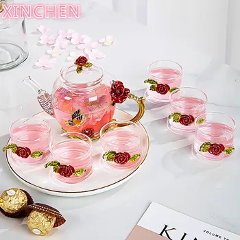 

Red rose Enamel Crystal Glass Tea Set Teapot Cup Set Flower Tea Glass Cups for Hot and Cold Drinks Home Office Teaware sets Gift