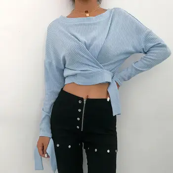 

Women Sexy Shirred Waist Long Sleeve Button Decoration Knitted Short Sweater Autumn Casual Two Sides can Wear Knitwear 2019 New