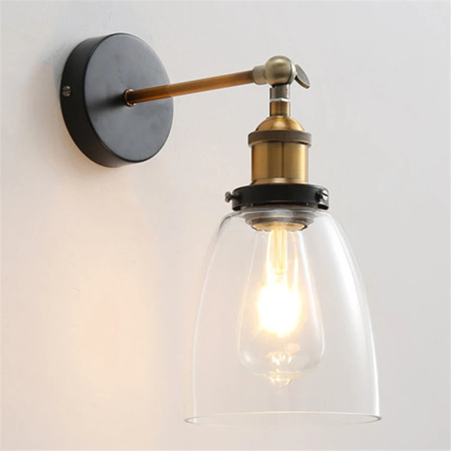 Industrial Vintage Wall Mount Light Single Sconce Oval Dome Clear Glass Bedside Wall Lamp Shade Iron Art E27 Lighting Fixture