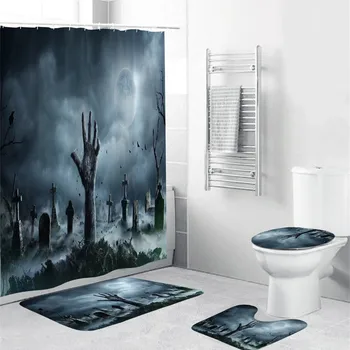 

Toilet Cover Mat Set Halloween Festival 4PCS Creative Toilet Cover Non Slip Toilet Polyester Cover Mat Set Bathroom Curtain