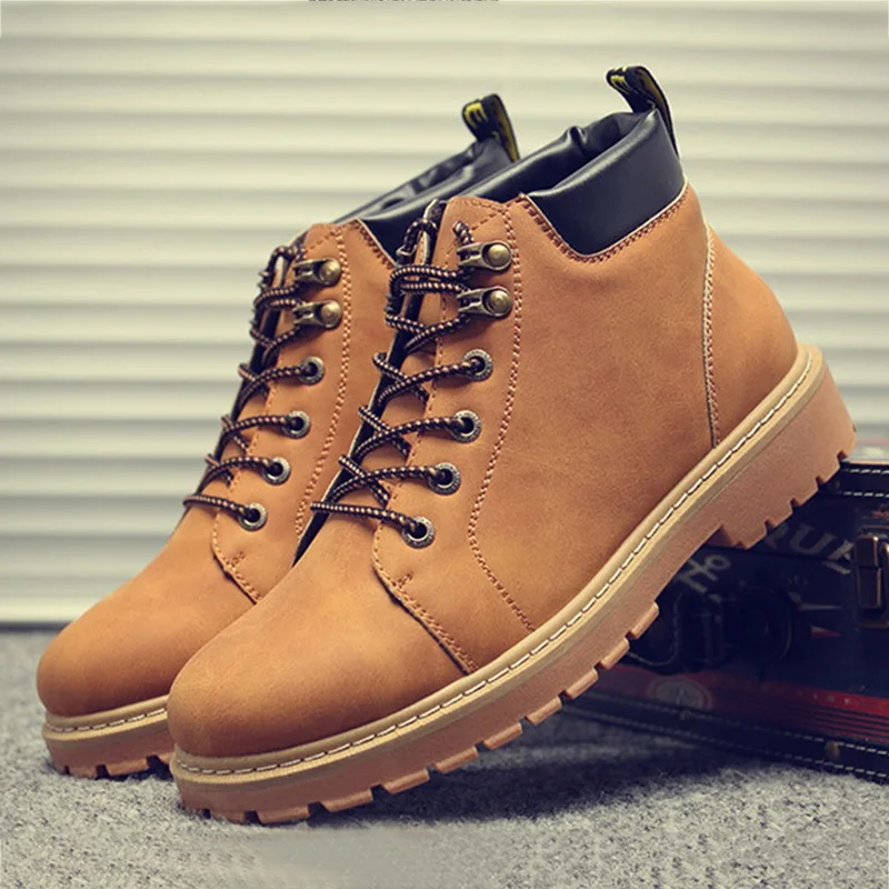 Men Fashion Short Boots Solid Color Low Heel Ankle Boots PU Leather Autumn Winter Warm Boots Outdoor Sport Sanded Boots New