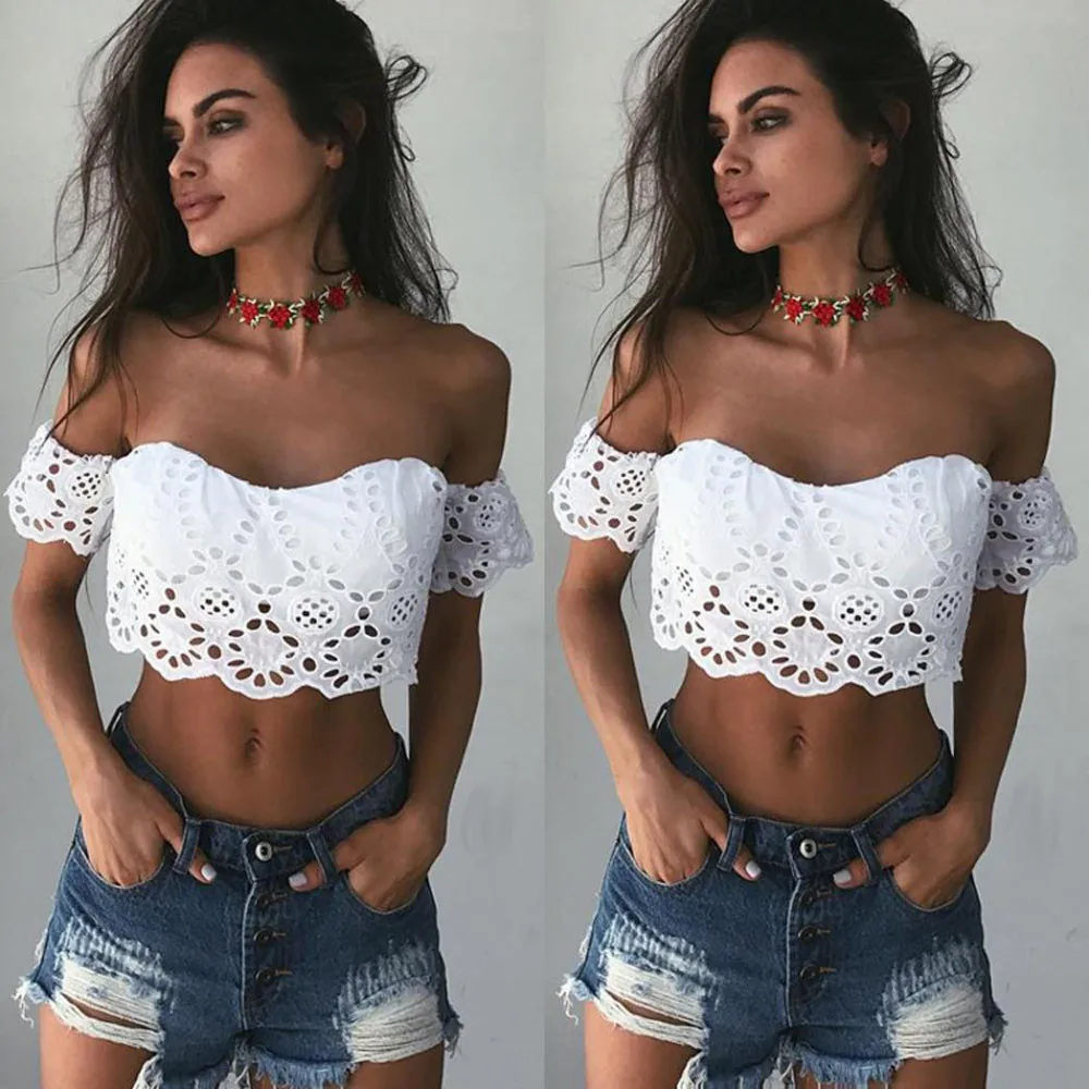 УКОРОЧЕННЫЙ ТОП 2019Top Горячая Женская мода летние кружевные кроп топы с открытыми плечами блузка Рубашки Футболка пляжная Женская жилетка женская одежда