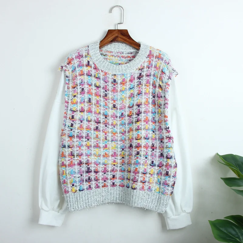 

Runway 2019 Autumn women Pullover O-neck Rainbow Colorful Patchwork Sleeve Casual Loose Knitted Sweater Pullovers Female Clothes