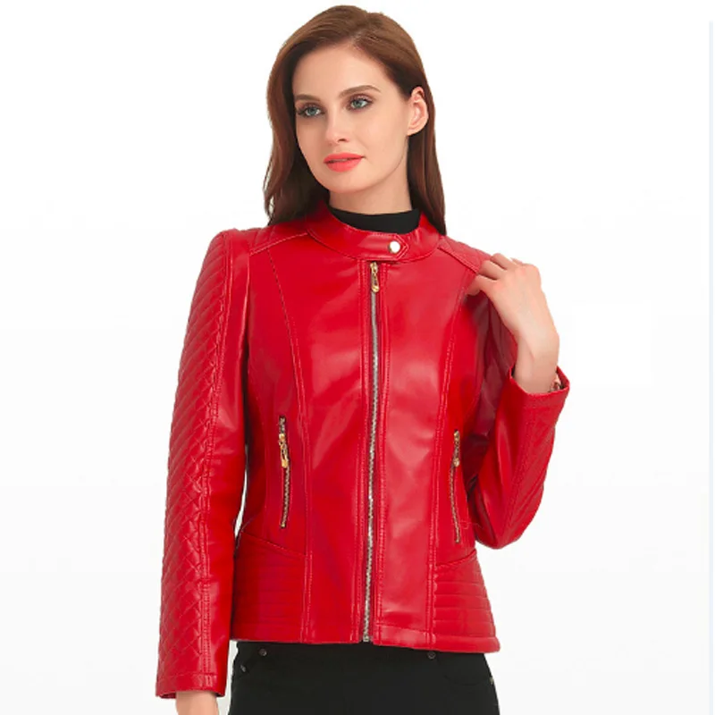 Кожаная куртка женская Байкерская мягкая яркого цвета красного 2019|Кожаные