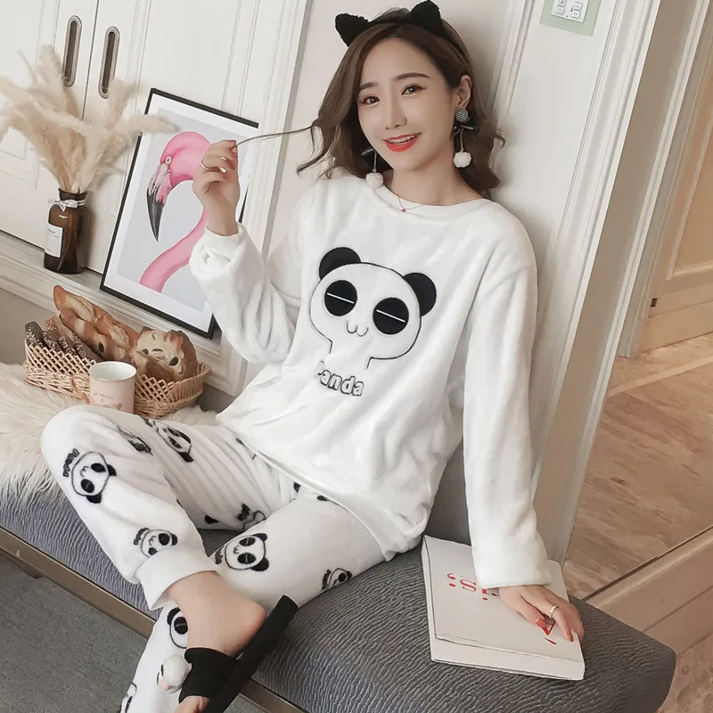 Осенне-зимние теплые фланелевые женские пижамные комплекты из плотного бархата кораллового цвета с длинными рукавами, пижамы с героями мультфильмов, плотные фланелевые пижамы для девочек
