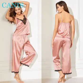 

Sexy Women Satin Silk Sleepwear Lace V Neck Top + Long Pants Pyjamas Nightgown