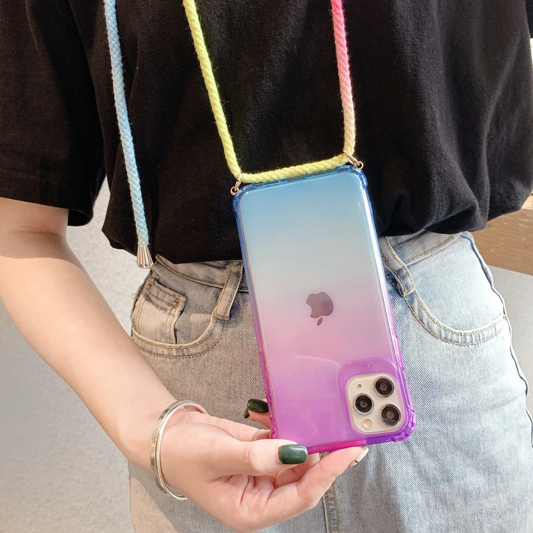 Gradient Rainbow Strap Cord Chain Phone Necklace Lanyard Phone Case