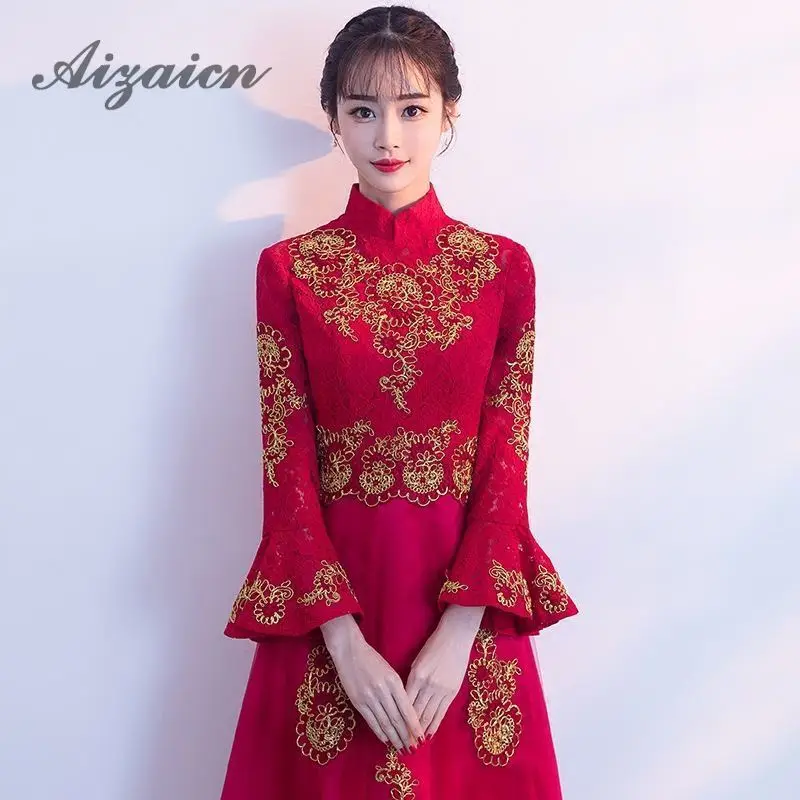 Красный сетка вышивка кружева Cheongsam Длинные Китайский традиционный Qipao свадебное платье с расклешенными рукавами халат Восточный Стиль