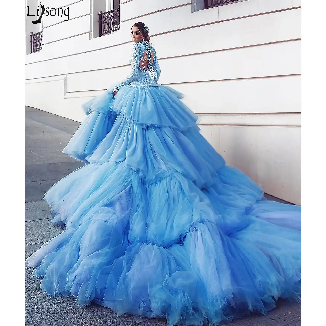 Hot Sale Hi Low Prom Dresses with Detachable Train Tiered Tulle Train