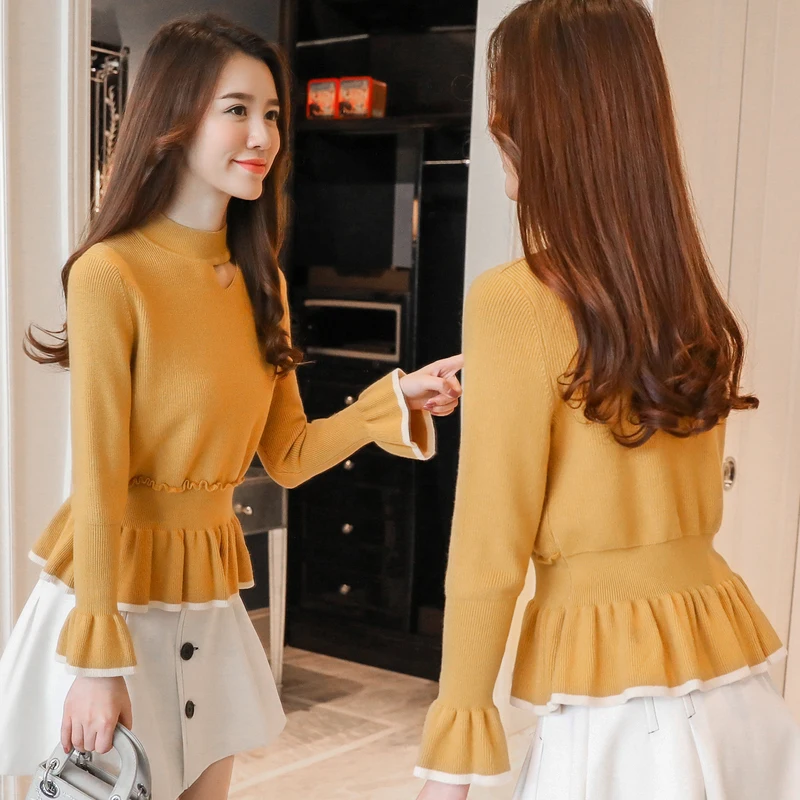 

Korean Style Women Pullover Sweaters Autumn Winter Half Turtleneck Collarbone Hollow Out Flare Sleeve Peplum Tops Ruffle Sweater