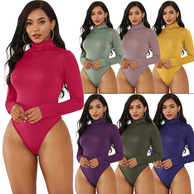  - 10Color Long Sleeve High Neck Jumpsuits Women Fit All-in-one Pants Autumn Solid Skinny Vintage Turtleneck Bodysuit Women Rompers
