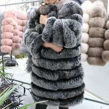 Mulheres quentes real raposa casaco de pele longo inverno genuíno casaco de pele moda outwear luxo natural pele de raposa casaco
