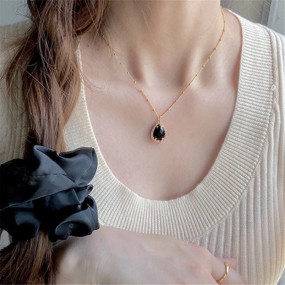 

14K Gold Filled Never Fade Chain Geometric Black Onyx Pendant Necklace Women Vintage Choker Trendy Clavicle Chain Lovers Jewelry