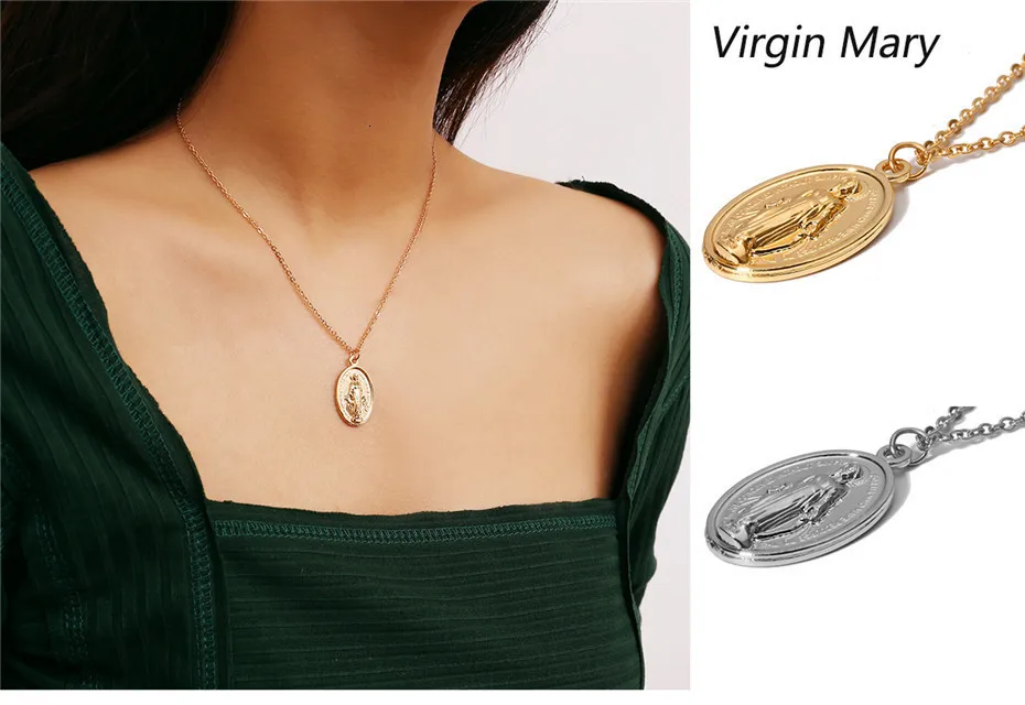 Ingemark, простое, винтажное, резное ожерелье с кулоном в виде монеты, крупное лицо, Богиня Девы Марии, розы, ангела, длинная цепочка, ожерелье для женщин