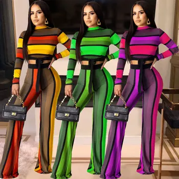 

New Long Sleeve Striped Print Casual Suit Conjuntos De Mujer Sexy Two Piece Set Ensemble Femme Matching Sets Color Stripe Set