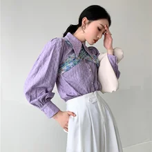 

2021 Fashion Women Cottagecore Embroidery Purple Puff Sleeve Top and Blouse Long Sleeve Designer Shirt Women Ladies Top Korean