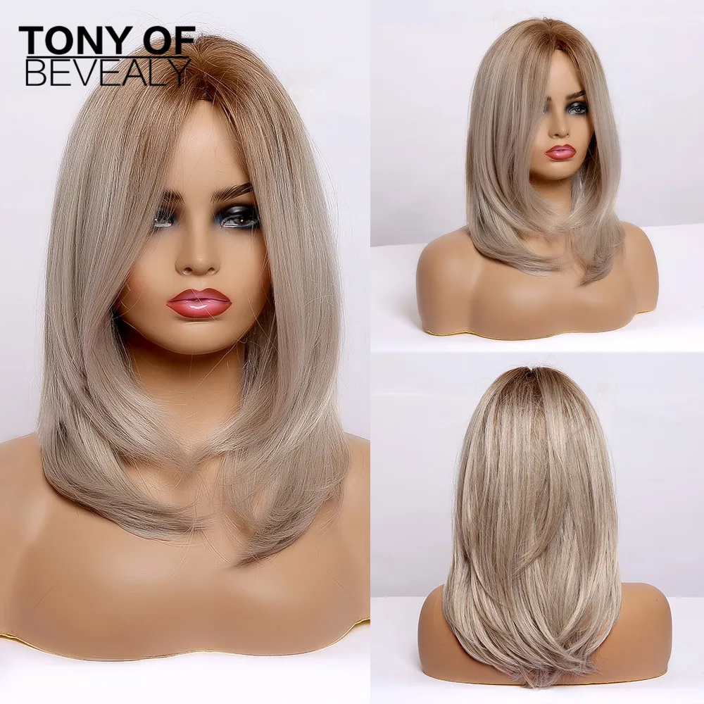 

Medium Length Straight Ombre Light Blonde Natural Hair Wigs Middle Part Heat Resistant Synthetic Wigs For Women Cosplay Wigs
