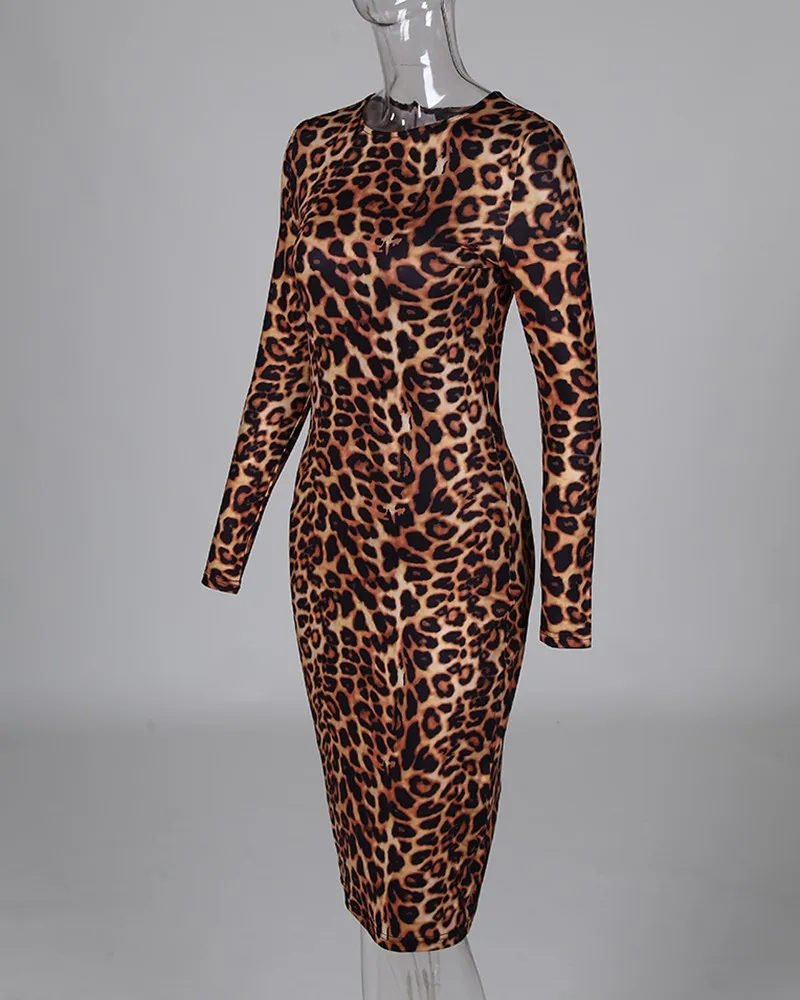 Леопардовый принт с длинным рукавом облегающее платье для женщин облегающее сексуальное эластичное платье