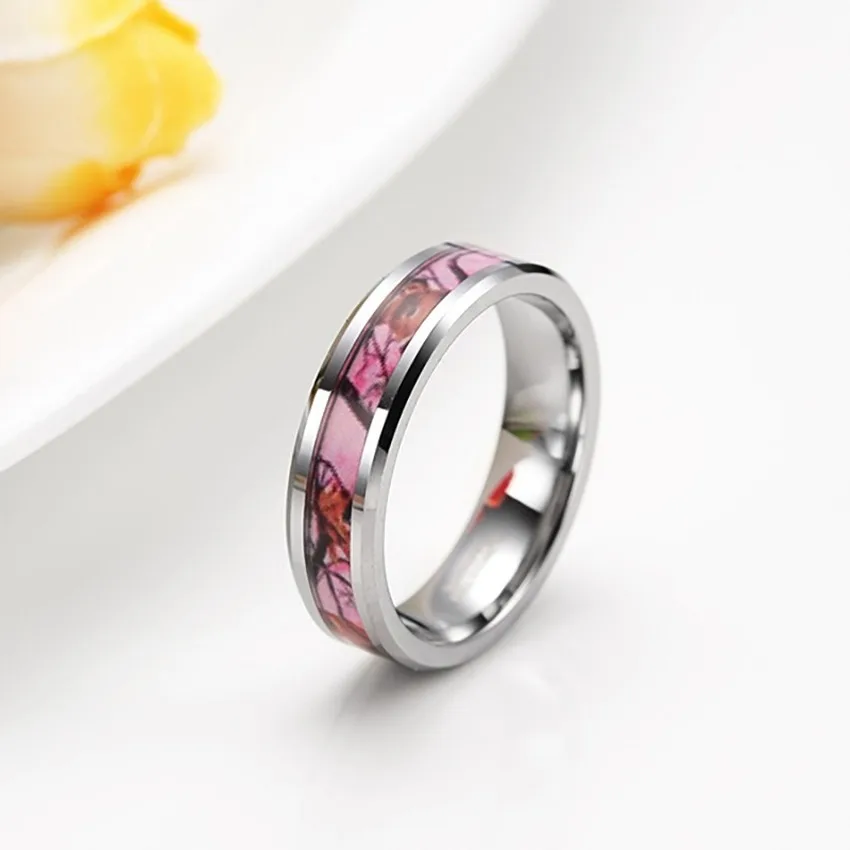 New Fashion Simple 6mm Male Female Couple Ring Camouflage Pink Tungsten Steel Ring Jewelry