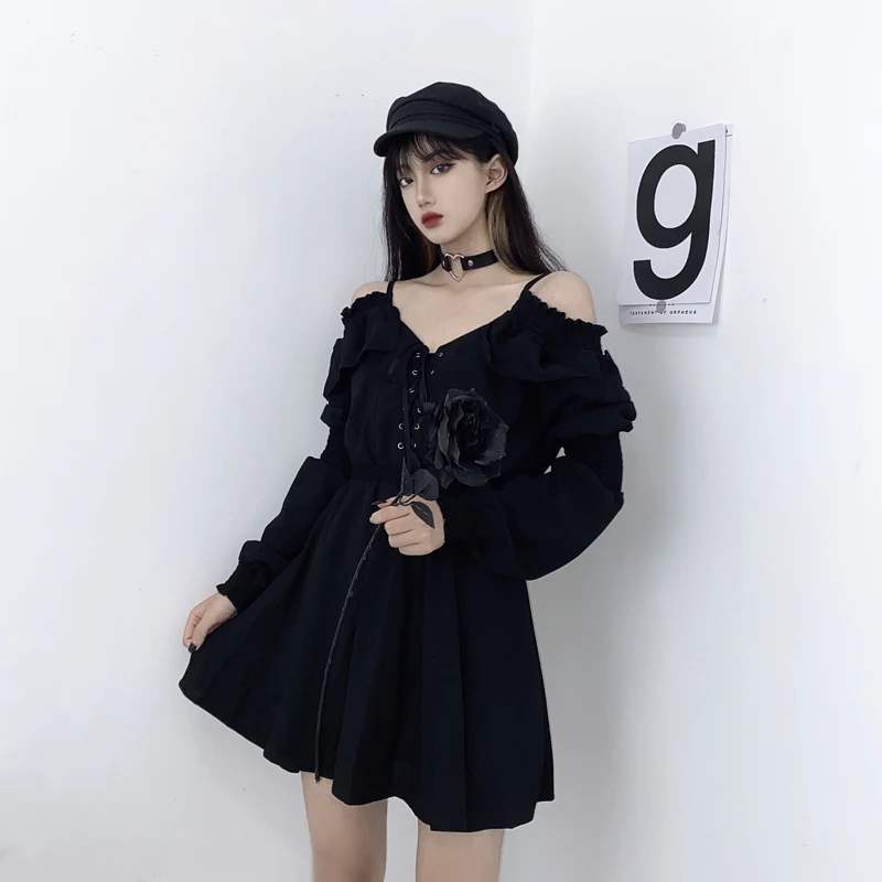 ZOKI Women Black Dress Sexy Bandage Summer Party Mini Dress V Neck Gothic Spaghetti Strap Club Night Female Vestidos 2022 little black dress