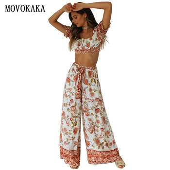 

2020Boho Women Sets Sexy Women's Tracksuit Spring Summer Tracksuit Women 2 Piece Set Wide Leg Pants And Top Fashion Women Outfit