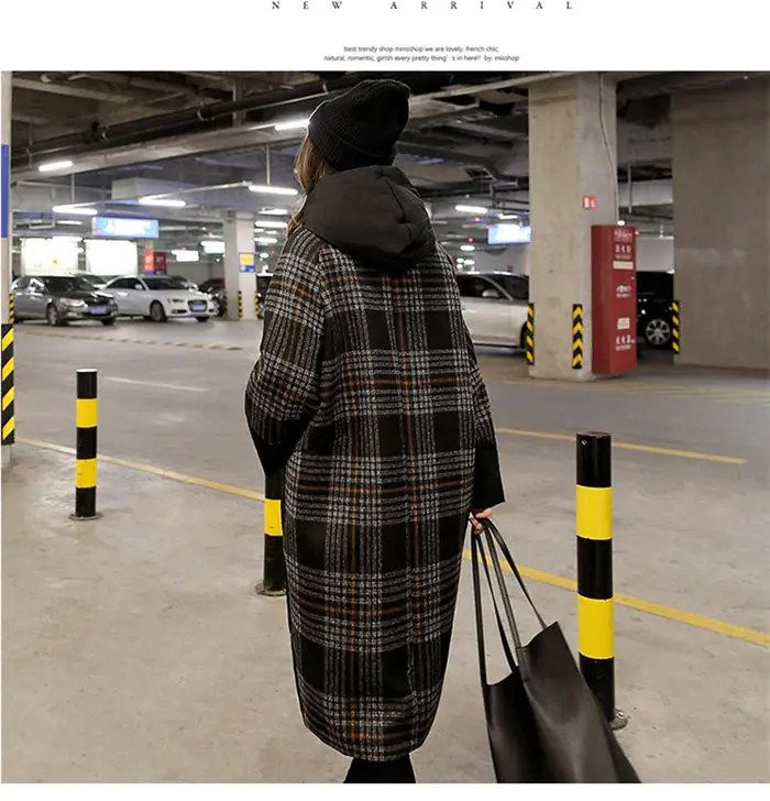 Новая хлопковая одежда Женская длинная Корейская Свободная куртка зимняя Толстая Клетчатая Шерстяная Куртка женская с капюшоном Высококачественная модная Лоскутная парка
