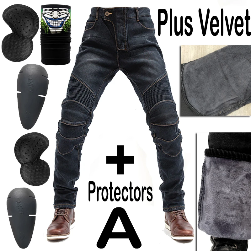 Ветрозащитный зимний теплый мотоцикл из кевлар плюс вельветовые джинсы брюки повседневные мужские мотоциклетные брюки мотокросса дорога Колено защитный - Цвет: Plus velvet Black A