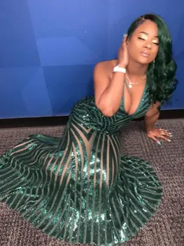 

Elegant Sequins Deep V-Neck Prom Party Dancing Gown Backless Sleevelesss Floor Length Evening Formal Dress