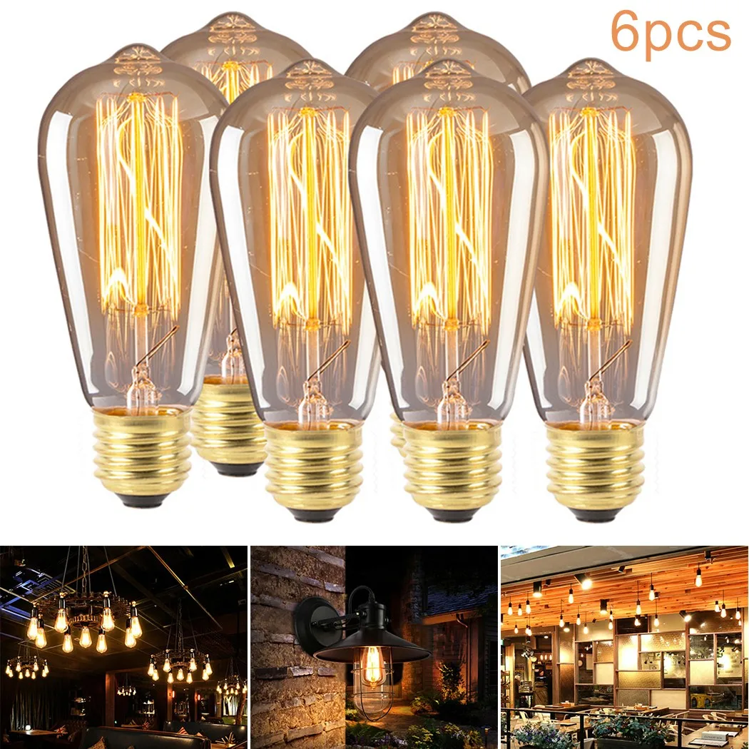 

6Pcs ST64 E27 Vintage Retro Edison Bulbs 40W Filament Light Bulb Warm Yellow Incandescent Bulb Filament Light Decor