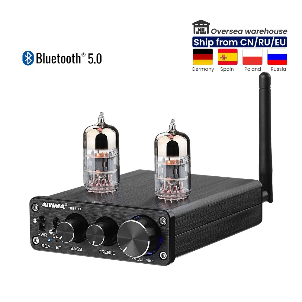 AIYIMA Tube T7 Bluetooth 5.0 Amplifier 6H3N Tube HiFi Stereo Preamp Preamplifier Vacuum Bile Adjustable Treble Bass Tone