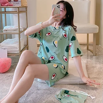 

Plus Size Pajamas Suit Summer Round Neck Short Sleeved Women Home Wear Loose Casual Top Shorts Tote 3 Pcs Sleepwear Set