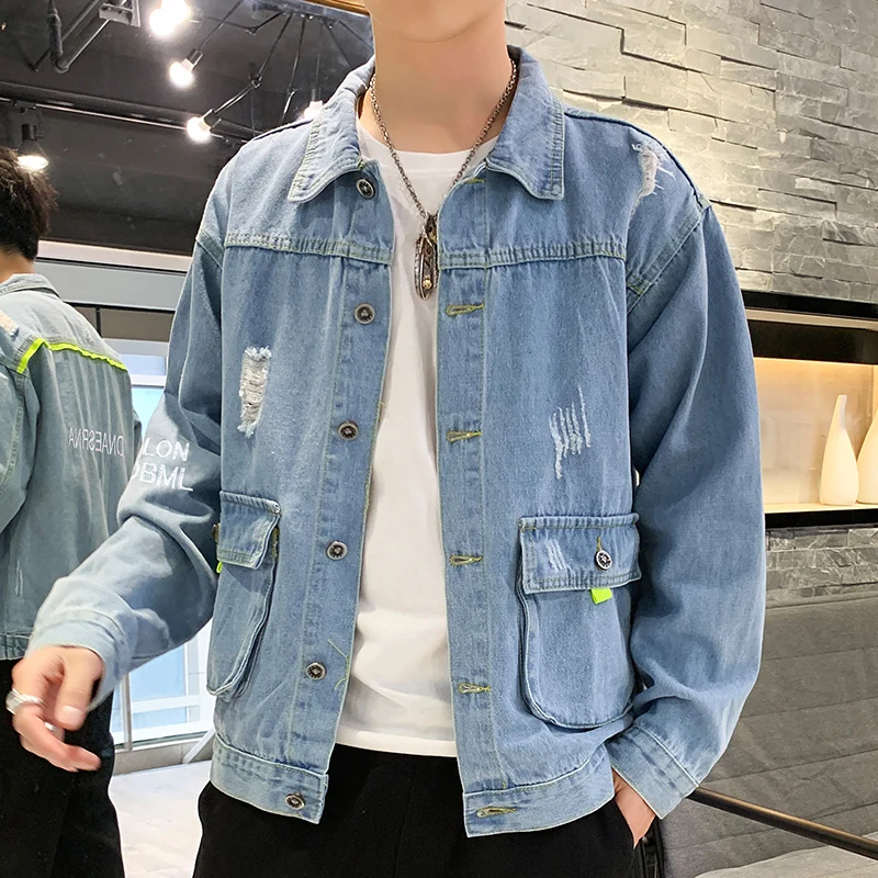 High quality Bomber Denim Jacket Men'S Ripped Holes Blue Jean Jackets