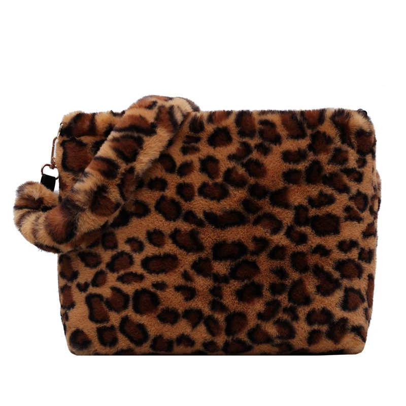 

Faux Fur Messenger Bag Leopard Shoulder Bag Women's Warm Handbag