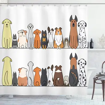 

Dog Shower Curtain Multicultural Dog Family in a Row from Back and Front Views Companionship Comic Art Bathroom