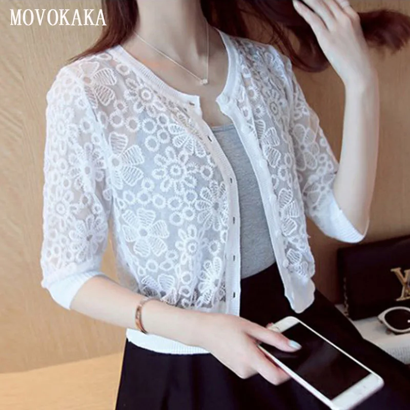 1 Hot Sexy Lace Cardigan Sweater Women Knit Cardigan Women Summer Thin Sweater Female Korean Slim Button Cardigan Female Plus Size - Цвет: 1
