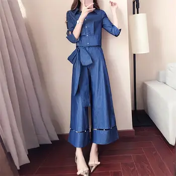 

Women 2020 Spring Autumn Casual 2 Piece Set Female Shirts Top +Wide Leg Long Pants Suit Ladies Fashion Two Pieces Outfits T388