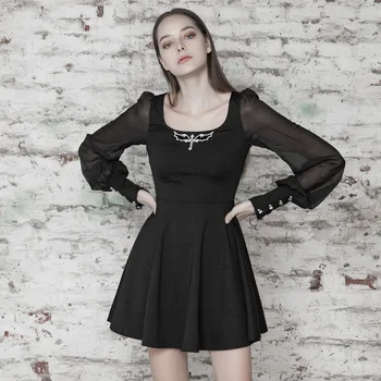 

PUNK RAVE Women's Tied Chiffon Sleeved Dress Punk Style Vintage Sexy Low Neck Slim Fit Breathable Half Dress