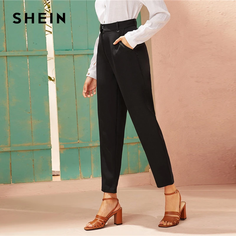 SHEIN/черные однотонные прямые брюки с высокой талией, женские осенние однотонные элегантные офисные платья на молнии, укороченные брюки