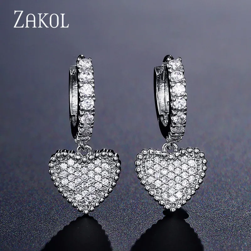 ZAKOL модное кубическое циркониевое свадебное ожерелье в форме сердца Комплект сережек для женщин Романтический ювелирный подарок для возлюбленных FSSP3014 - Окраска металла: Earrings White