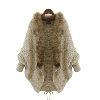 

Women Knitted Sweater Cape Coat Winter Cardigan Fake Fur Collar Warmness Gothic Knitwear Tops Vogue Batwing Sleeve Outerwear