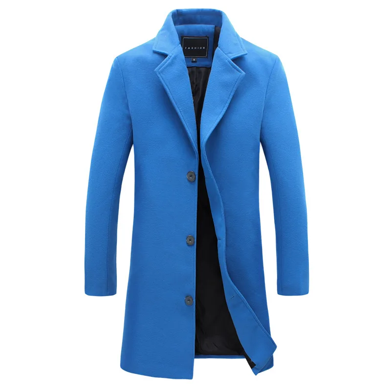 Осень и зима Мужская однотонная ветровка Модная Повседневная тонкая Длинная ветровка мужское хлопковое пальто с отложным воротником для мужчин - Цвет: Royal blue