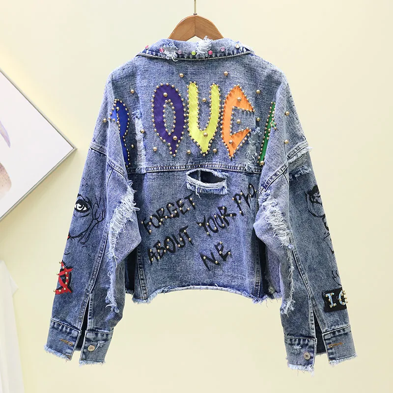 

2019 autumn new fashion graffiti denim short jacket female personality hole rivet diamonds rough jacket