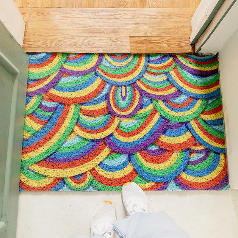 

Modern Rainbow PVC Silk Loop Non-slip Home Door Mat Bedroom Bath Hallway Living Room Carpet Custom Can Be Cut Entrance Doormat