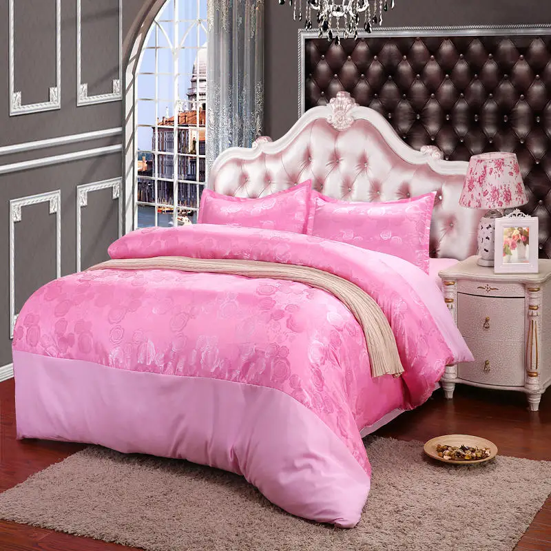 Pure satin silk bed setting four-piece set red and pink rose love wedding decoration cotton bed sheets free shipping - Color: color2