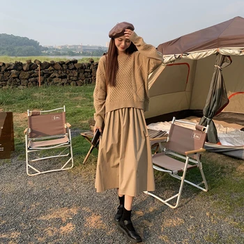 

Fashion women's suit 2020 autumn and winter new loose twist sweater + mid-length suspender skirt dress two-piece suit