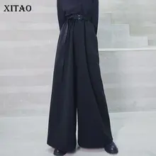 XITAO Высокая талия винтажные длинные брюки женские модные черные эластичные талии повязки свободные черные широкие брюки WLD2721