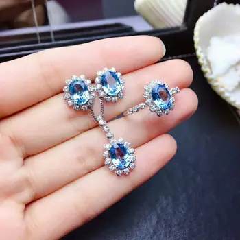 

MeiBaPJ Natural Swiss Blue Topaz Sun Flower Jewelry Set 925 Silver Ring Earrings Pendant Necklace Fine Wedding Jewelry for Women