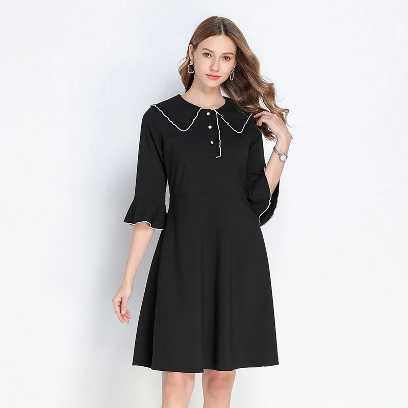 

Ladies Elegant A-line dress 2020 Spring Dress peter pan collar pinched waist flare sleeves black party Dress plus size XXXXXL 5x