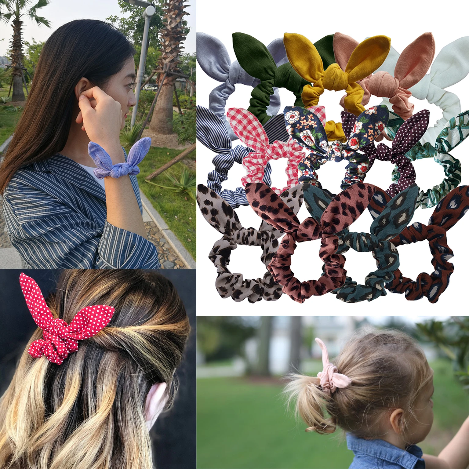 Bunny Ear Hair Scrunchies Elastic Hair Bands For Baby Girls Women Rabbit Ear Ponytail Holder Ties Hair Bow Accessories